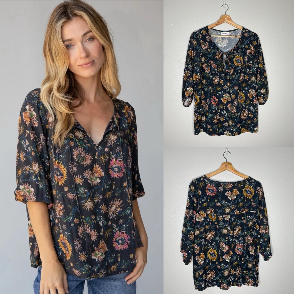 Natural Life Maribel Women’s Top Large Dark Floral Boho Half Sleeve Tie Neck